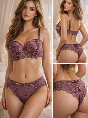 Lace-Trim Satin Balconette Bra & Bikini Set - Dusty Mauve